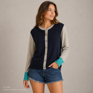 Pure Cardigan Sweater Womens US 6 Navy Beige Colorblock 100% Cashmere Teal Cuffs